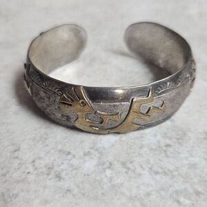 Navajo Joe Corbet Signed Sterling & 12k GF Kokopelli Cuff Bracelet 6 ½"